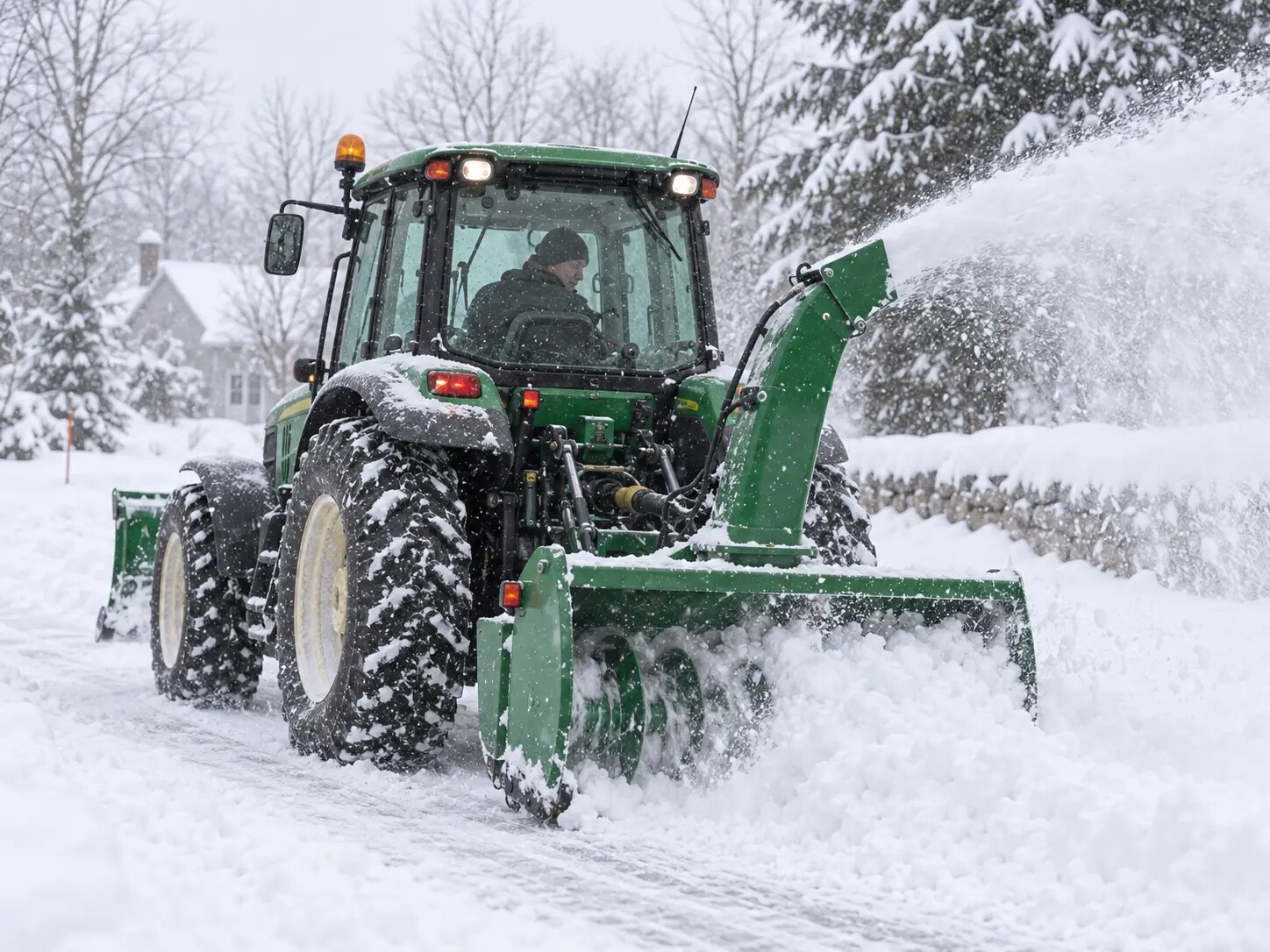Tracteur équipé d’une souffleuse en opération pendant une chute de neige